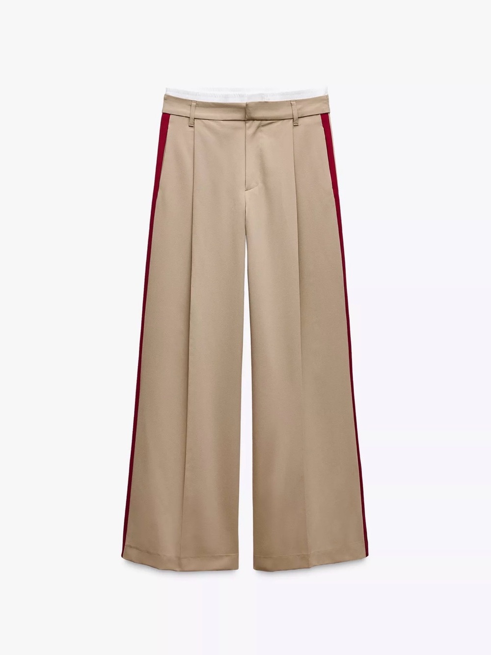 Wide-Leg Side-Stripe Pants - Beige with Burgundy Trim